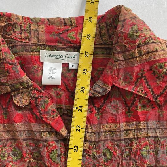 Coldwater Creek Red Aztec Print Sheer Button Up Top Size 1X Statement Boho Flowy - Picture 9 of 11